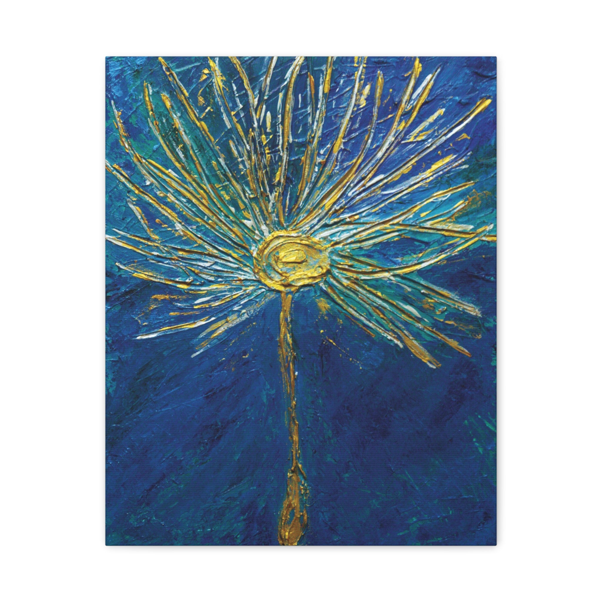 Gold Burst Floral Canvas Wall Art — Blue & Teal Abstract Sunflower Painting