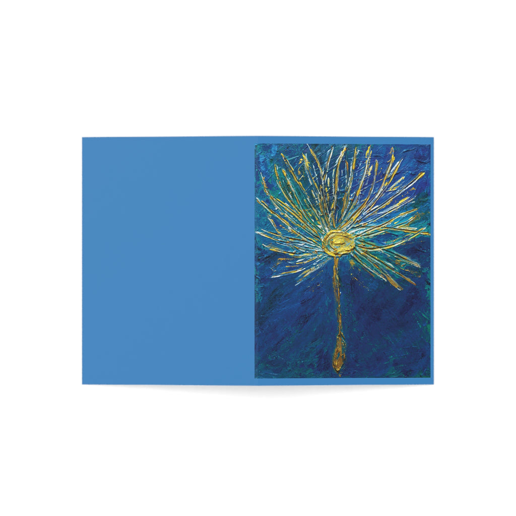 Greeting Card — Blue Gold Floral Dandelion Art (Blank Inside, Packs of 1/10/30/50)