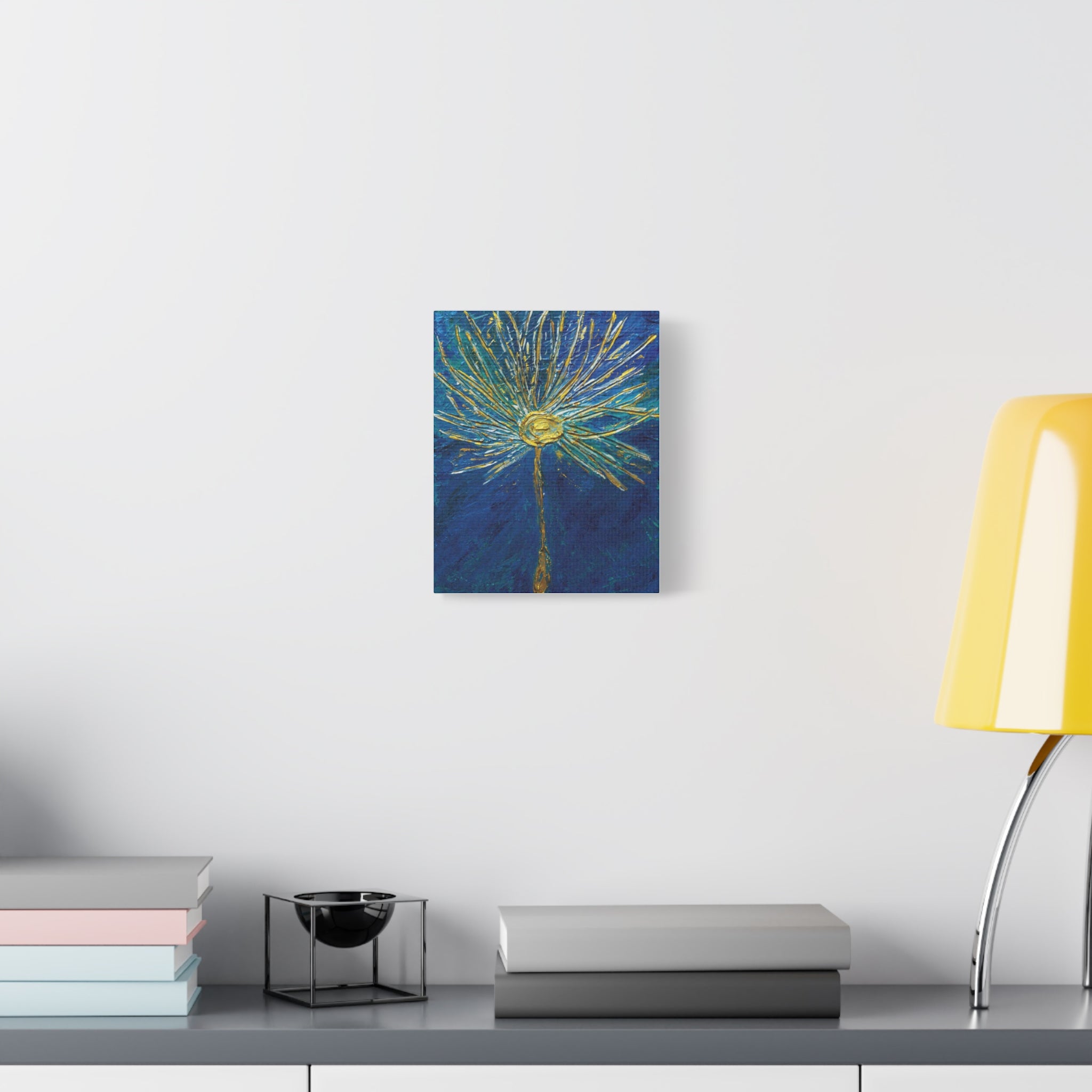 Gold Burst Floral Canvas Wall Art — Blue & Teal Abstract Sunflower Painting