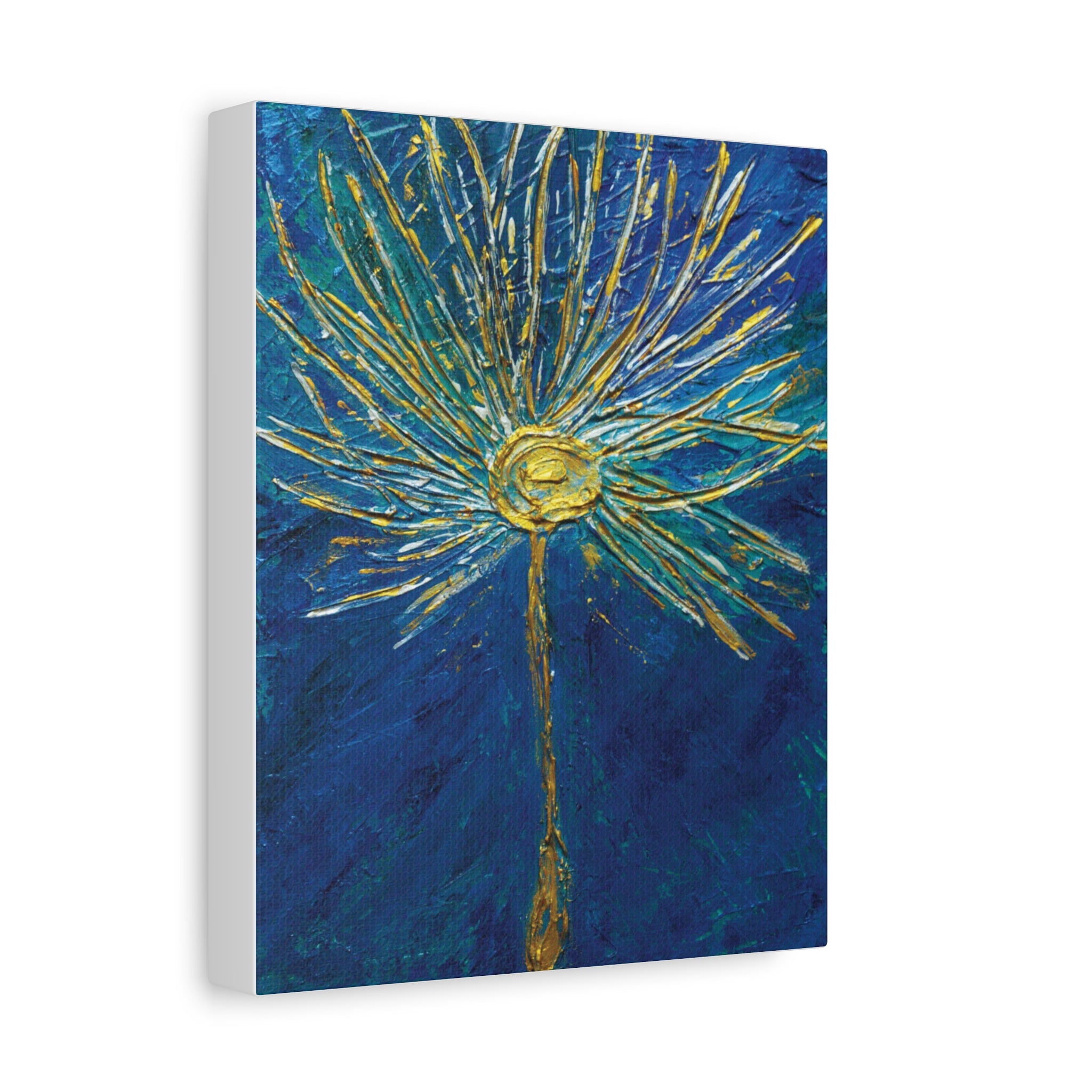 Gold Burst Floral Canvas Wall Art — Blue & Teal Abstract Sunflower Painting