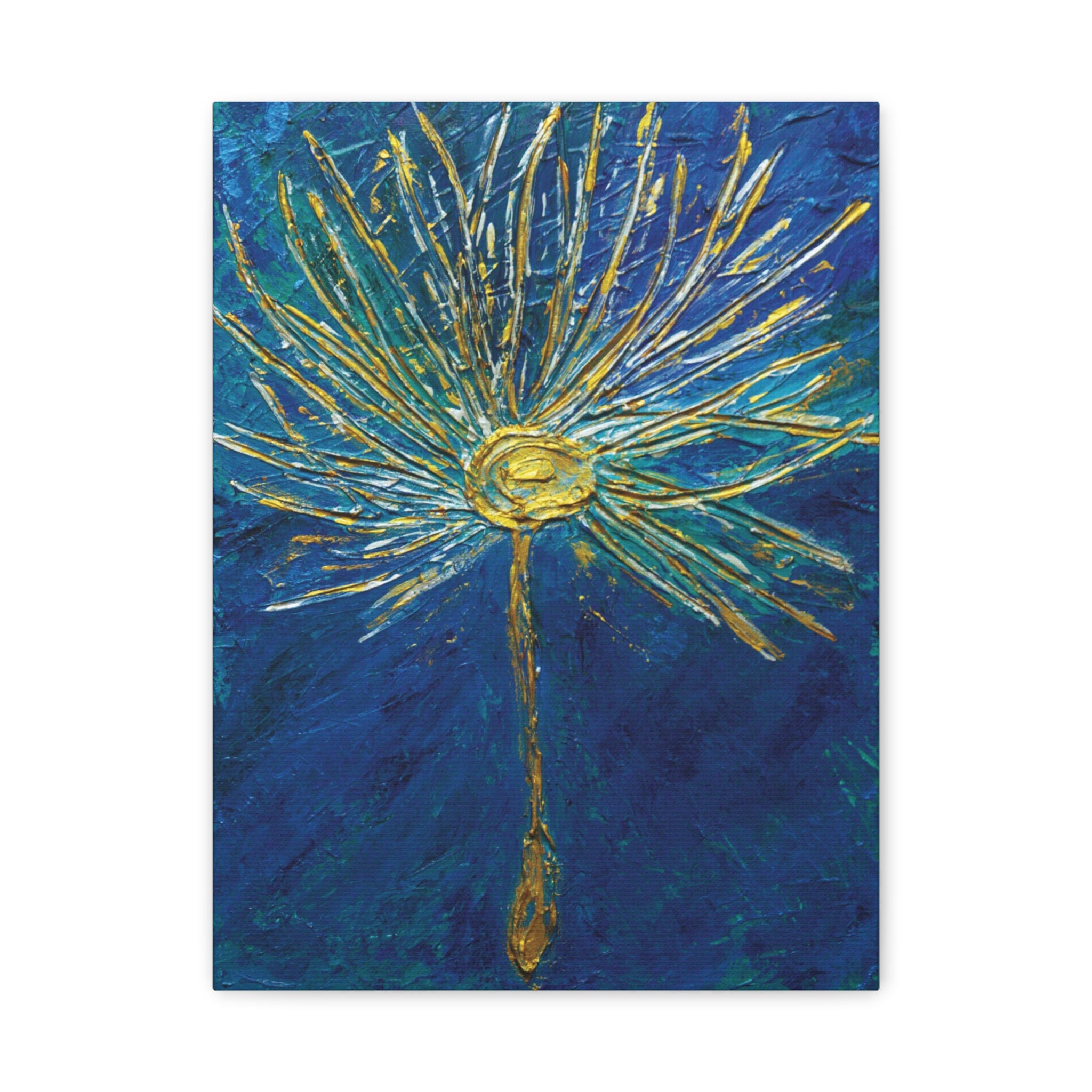 Gold Burst Floral Canvas Wall Art — Blue & Teal Abstract Sunflower Painting