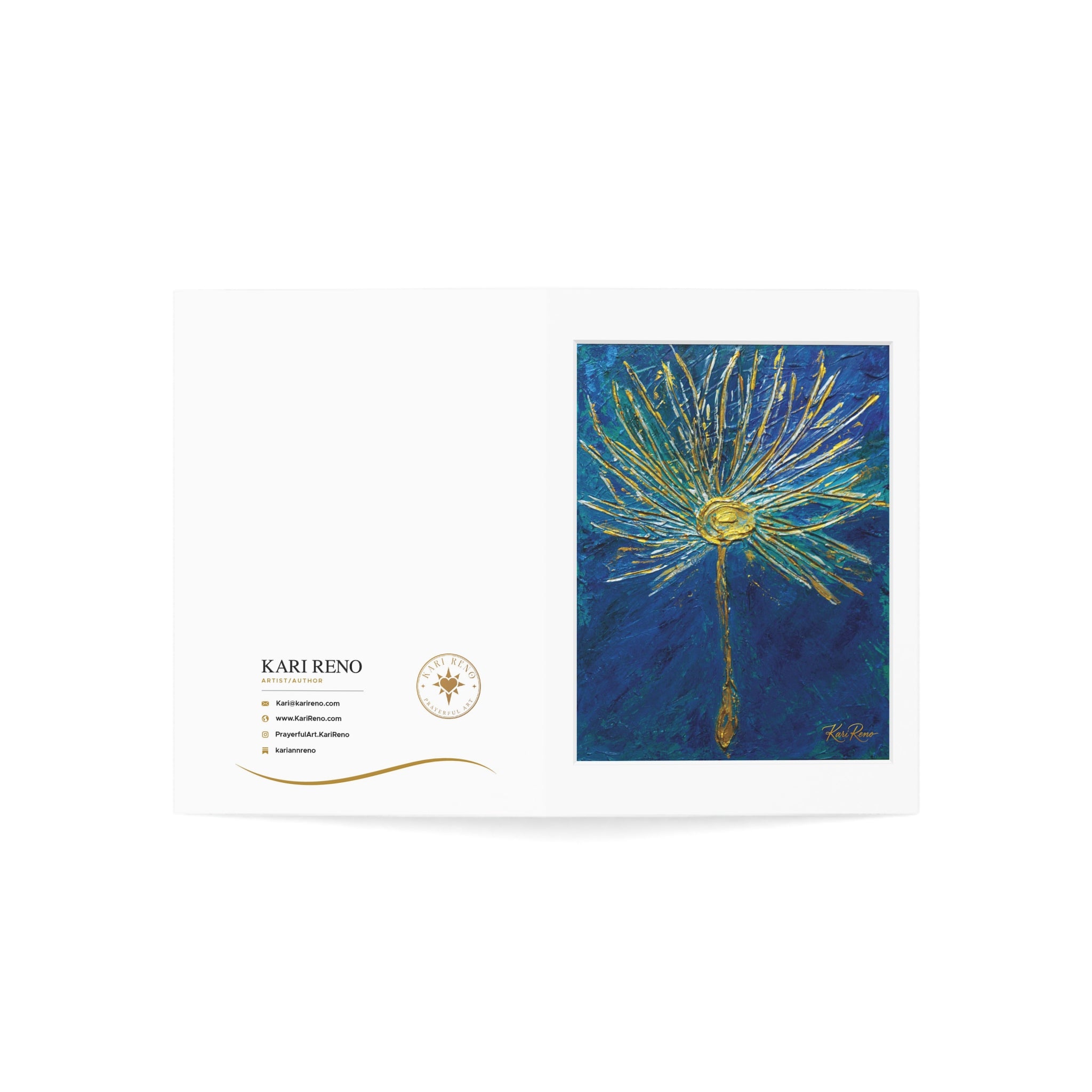 Greeting Card — Blue Gold Floral Dandelion Art (Blank Inside, Packs of 1/10/30/50)