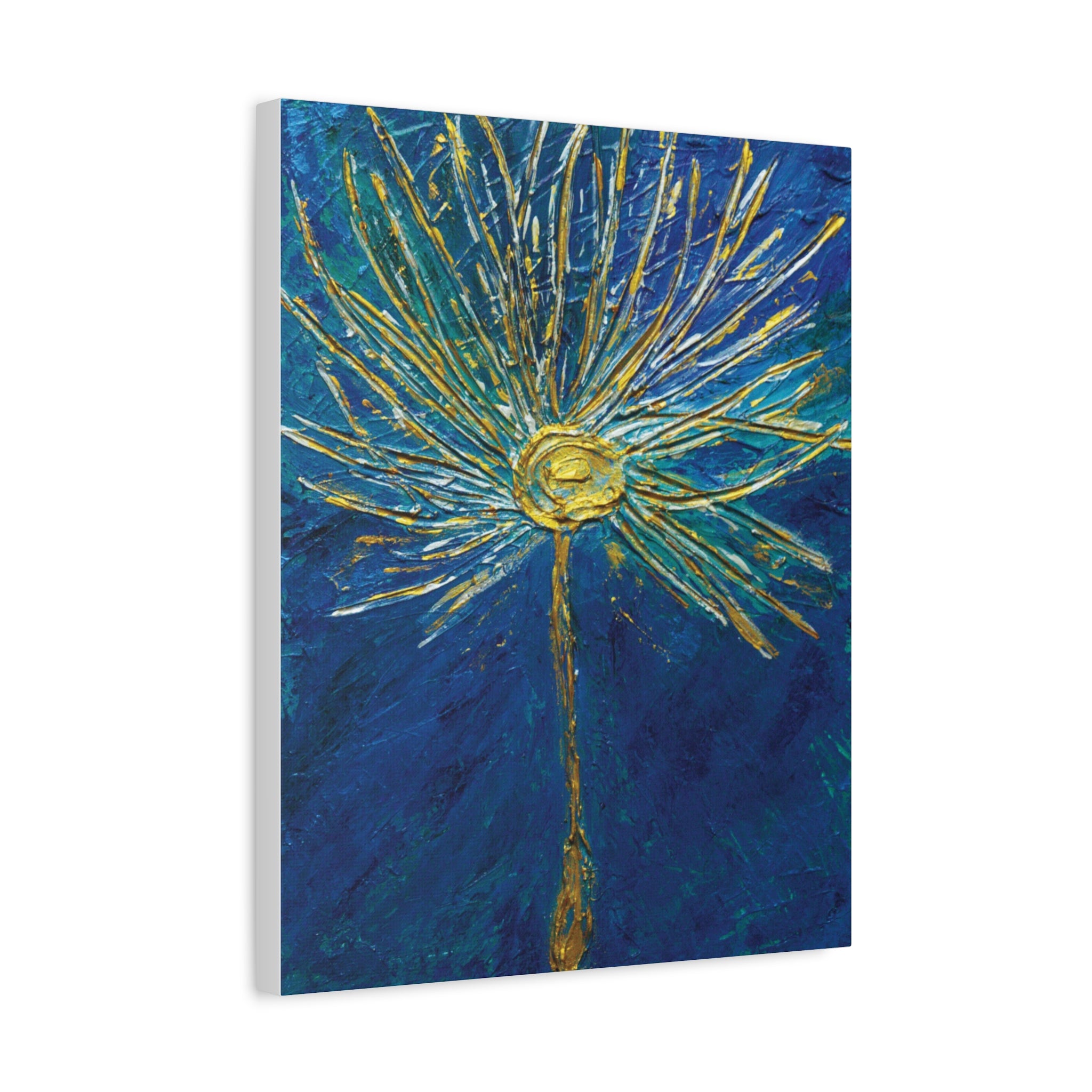 Gold Burst Floral Canvas Wall Art — Blue & Teal Abstract Sunflower Painting