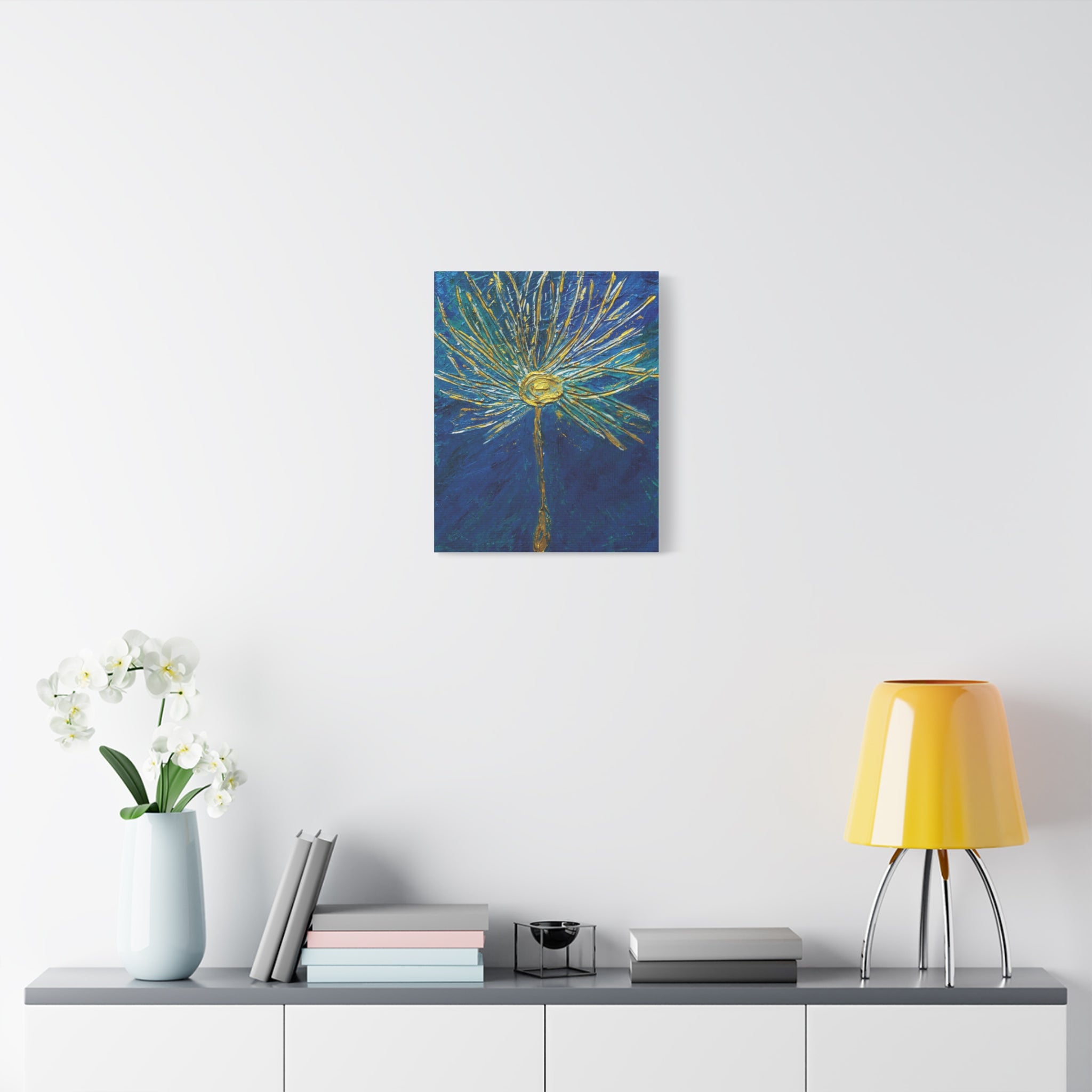Gold Burst Floral Canvas Wall Art — Blue & Teal Abstract Sunflower Painting