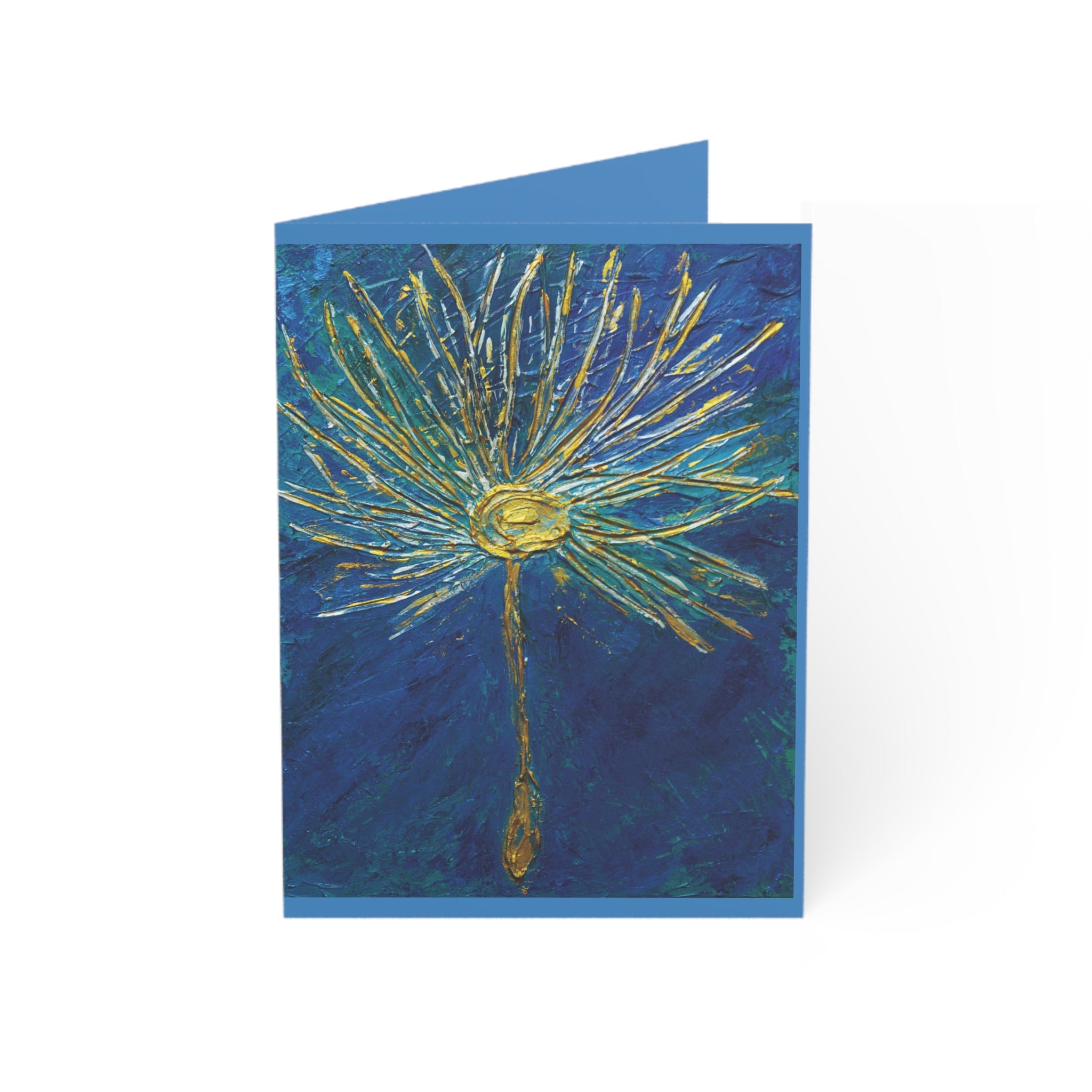 Greeting Card — Blue Gold Floral Dandelion Art (Blank Inside, Packs of 1/10/30/50)