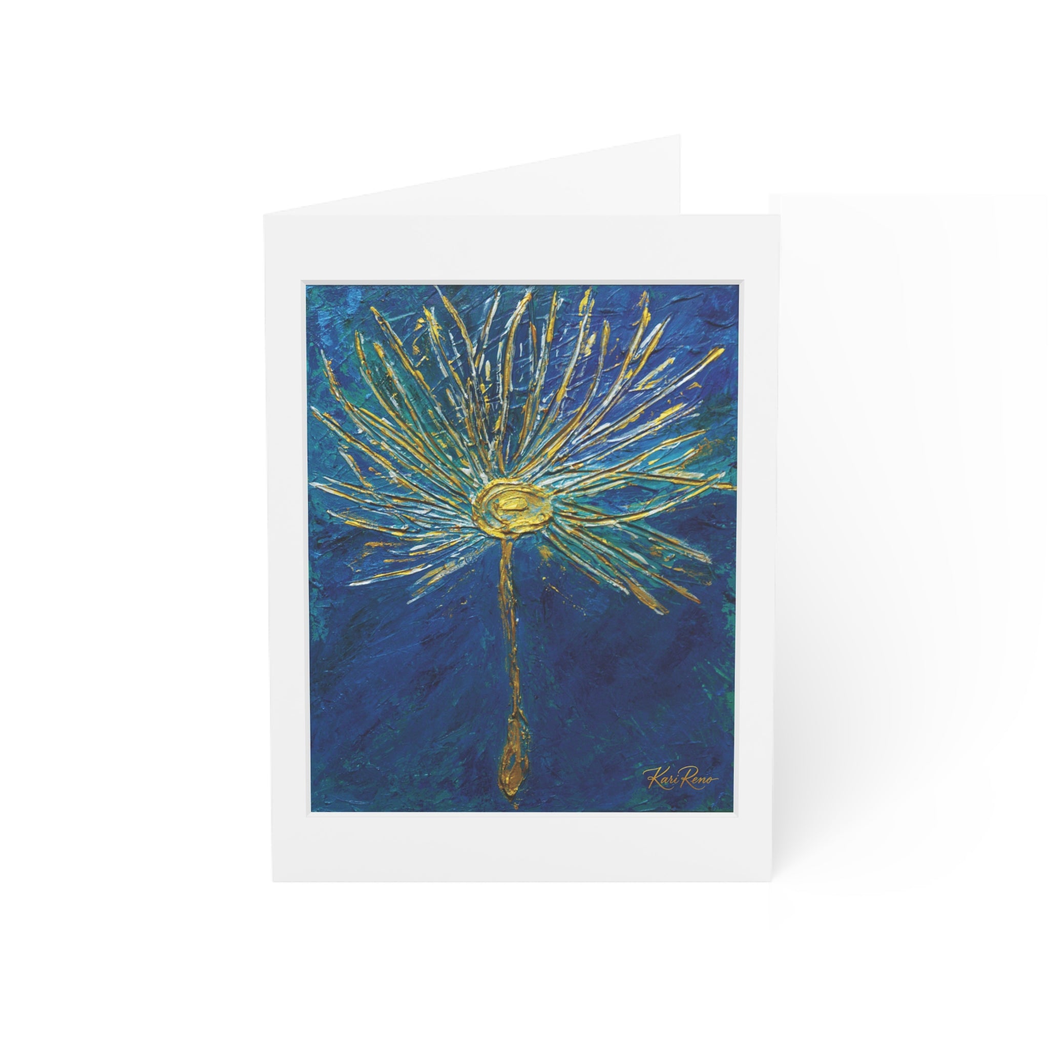 Greeting Card — Blue Gold Floral Dandelion Art (Blank Inside, Packs of 1/10/30/50)