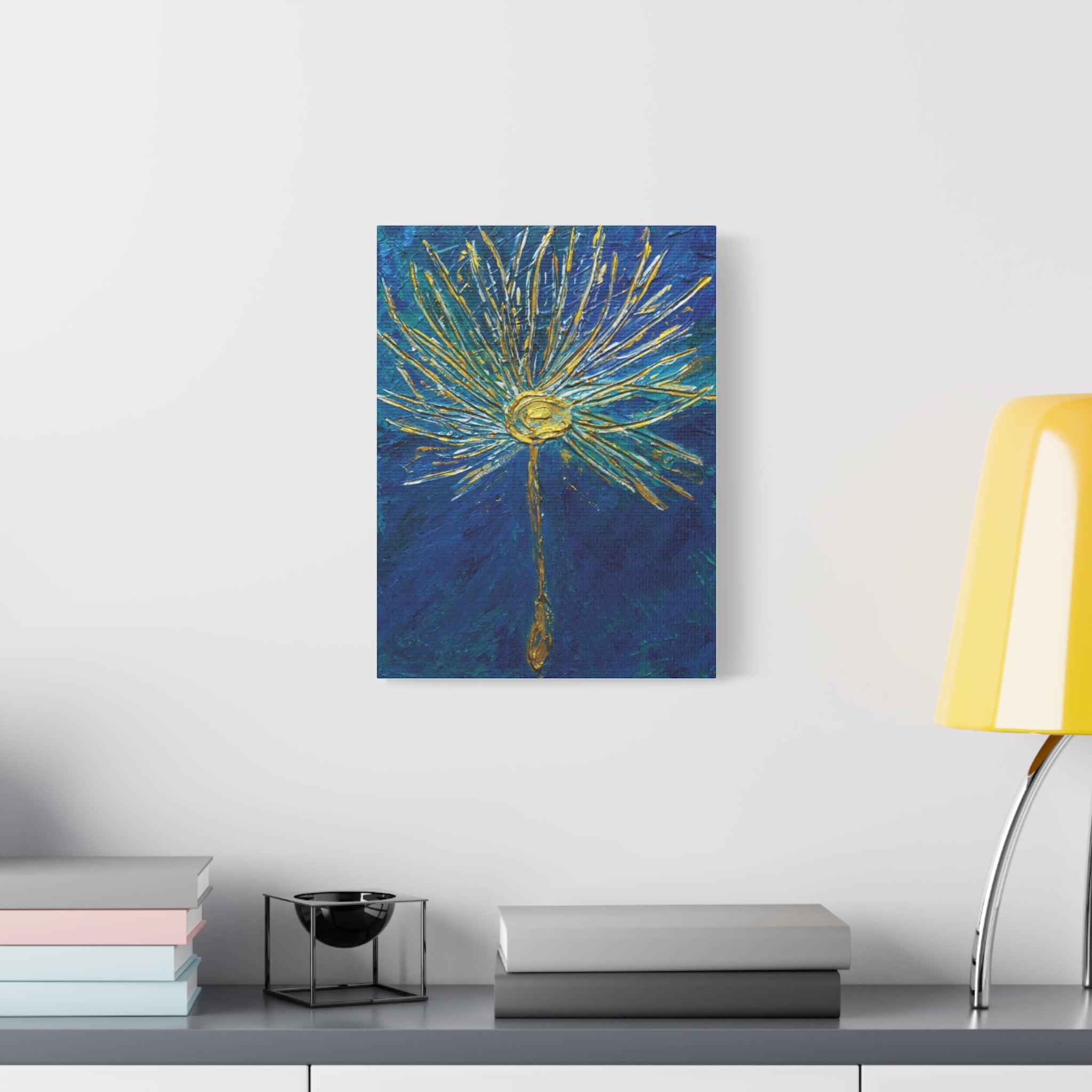 Gold Burst Floral Canvas Wall Art — Blue & Teal Abstract Sunflower Painting