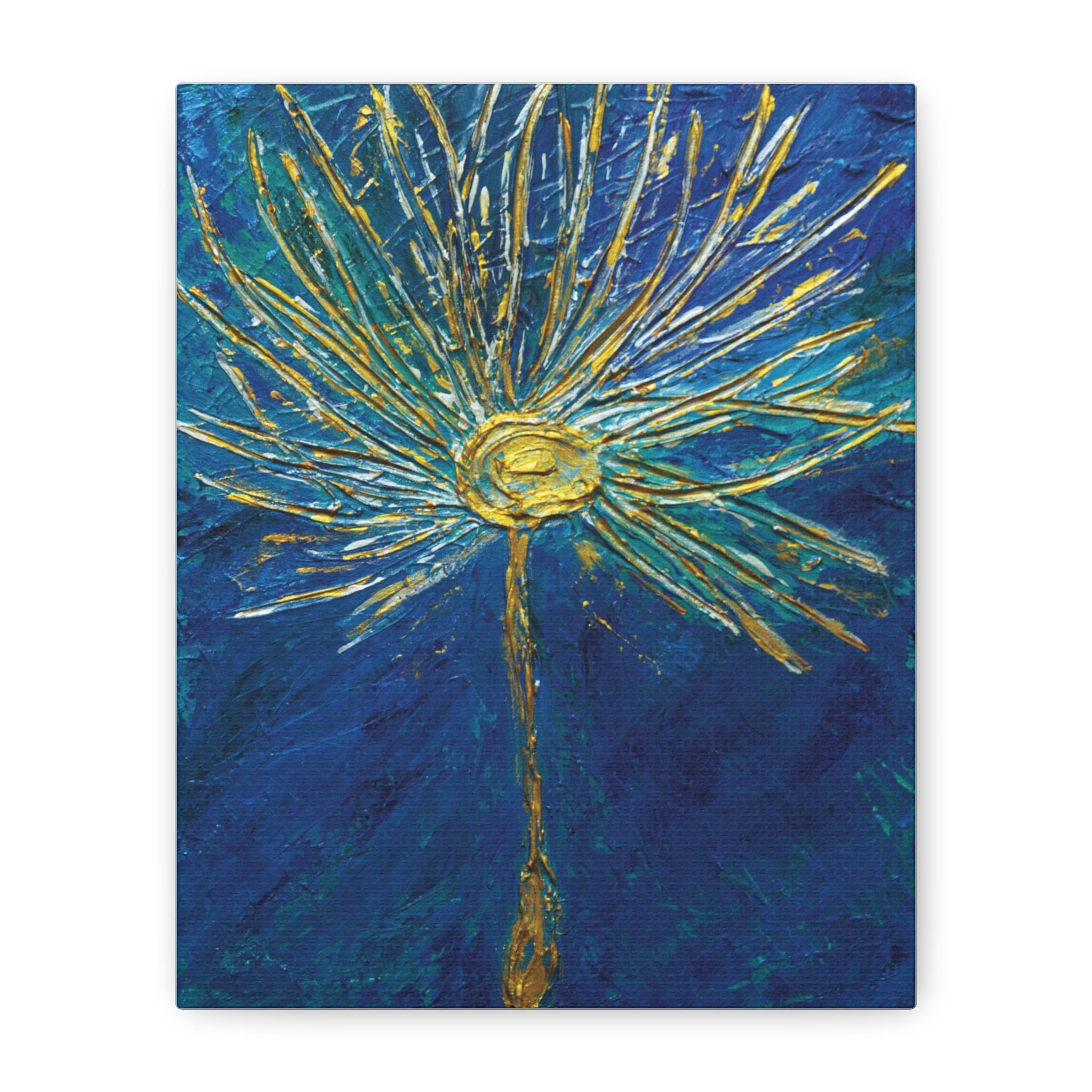 Gold Burst Floral Canvas Wall Art — Blue & Teal Abstract Sunflower Painting
